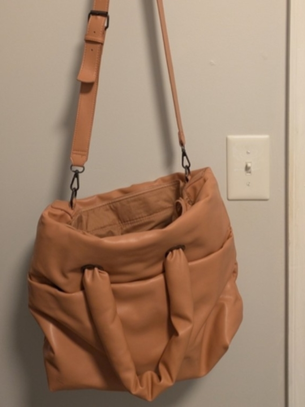 Faux Leather Puffer Bag Caramel Top Handles Adjustable Strap Rachel Roy